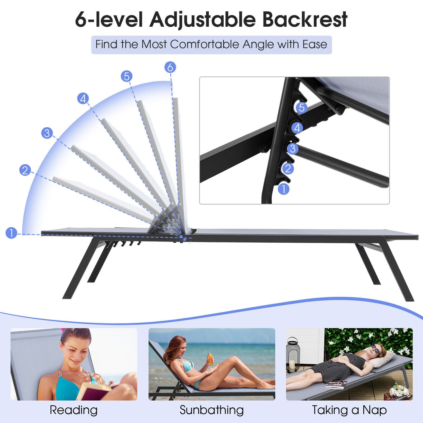 Adjustable Chaise Lounge Chair with 6-Position Backrest