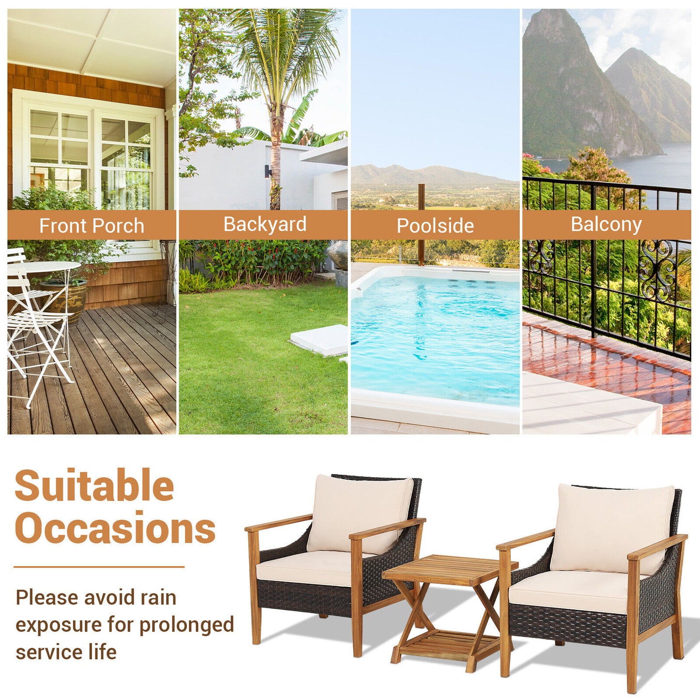3-Piece Patio Conversation Set with Wicker Chairs & Side Table