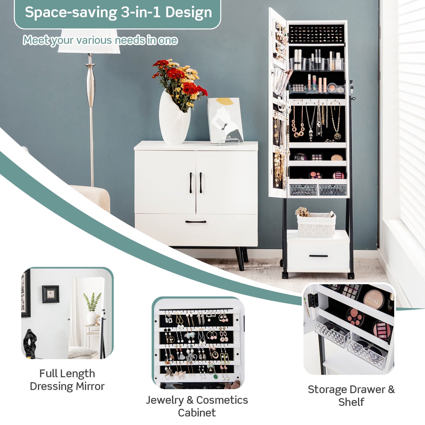 Jewelry Cabinet with Full Length Mirror and Storage Drawer