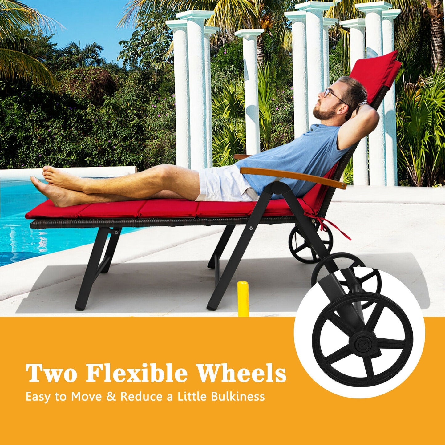 Folding Patio Chaise Lounge Chair with Wheels and Cushion