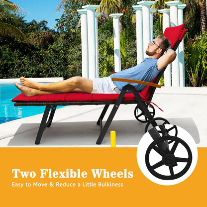 Folding Patio Chaise Lounge Chair with Wheels and Cushion