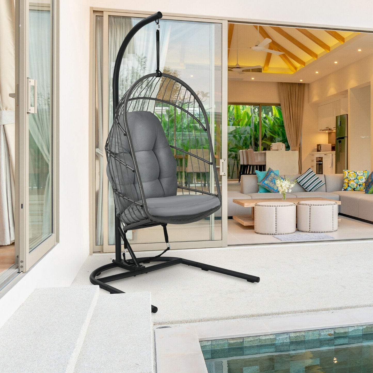 Hanging Egg Chair with Stand and Cushions - Gray