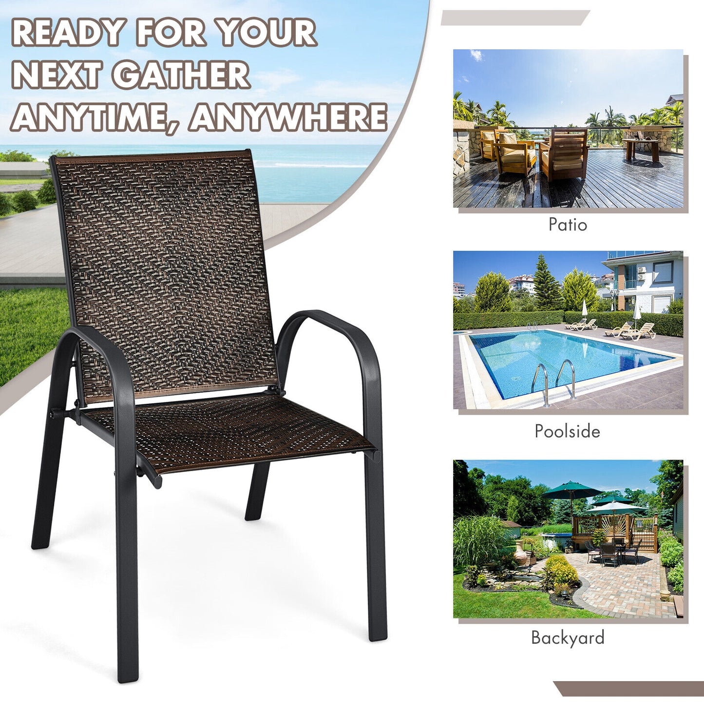 Stackable Outdoor Dining Chairs Set of 6 - PE Wicker