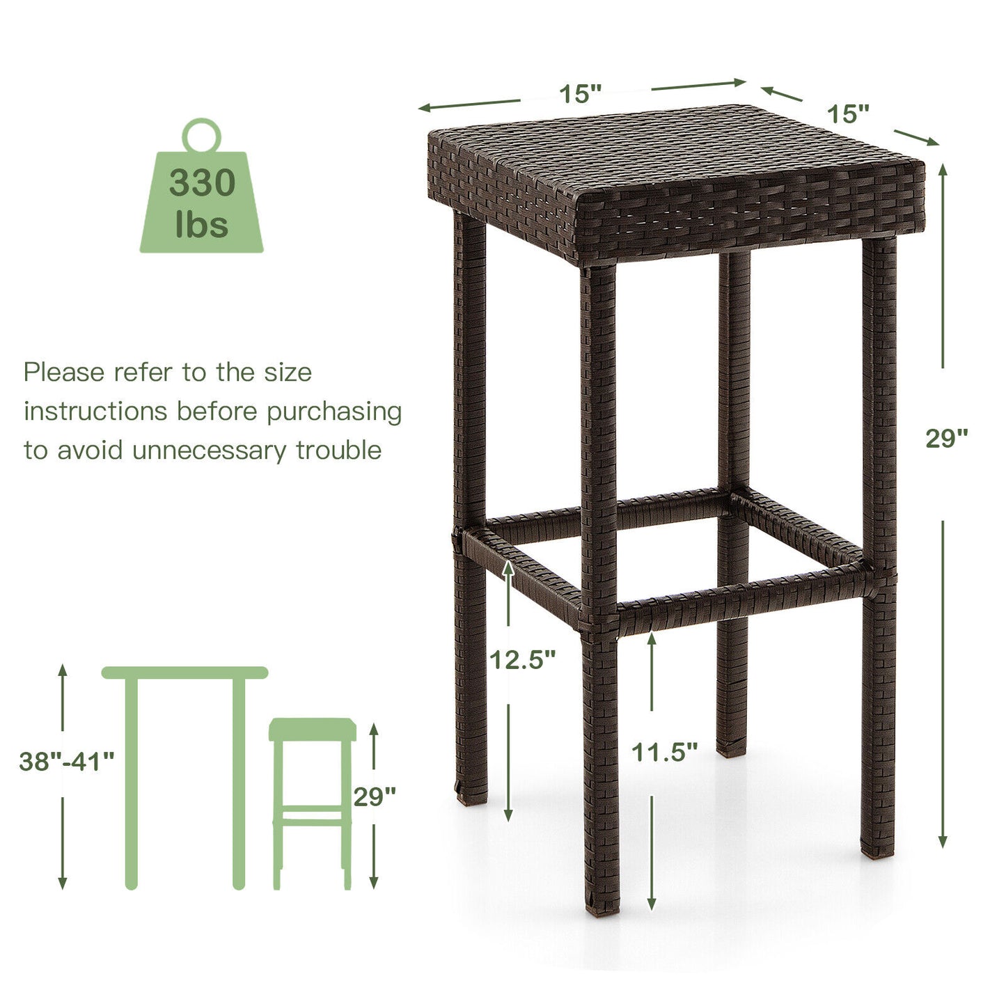 Patio Rattan Bar Stools Set of 2 - Brown Wicker