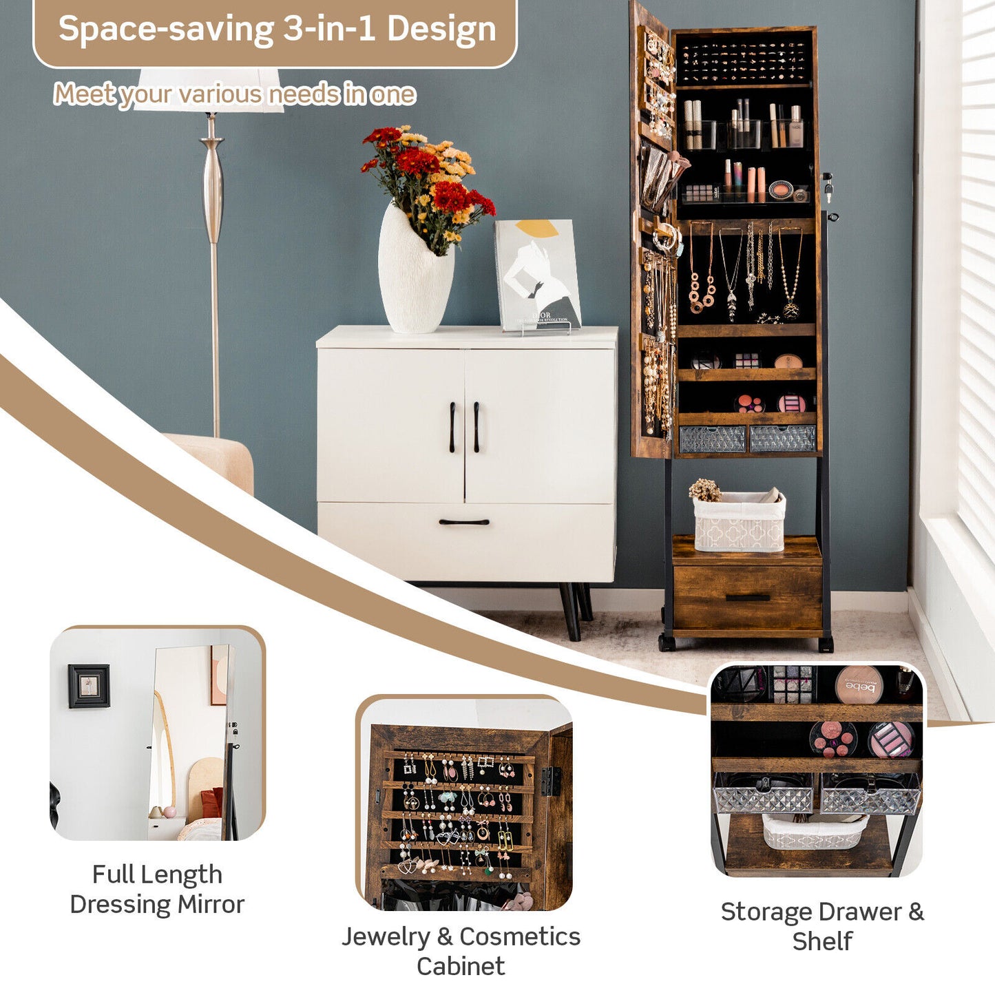 Jewelry Cabinet with Full Length Mirror and Storage Drawer
