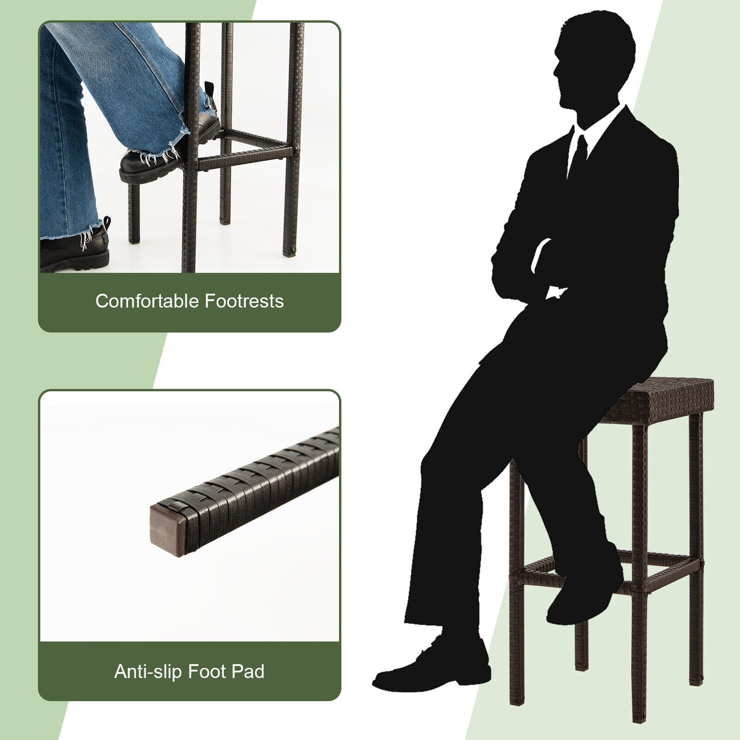 Patio Rattan Bar Stools Set of 2 - Brown Wicker