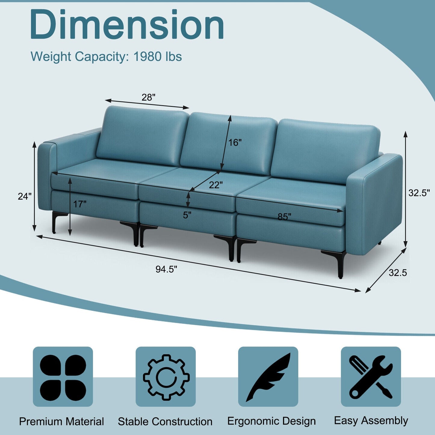 3-Seat Sectional Sofa Couch with Armrest Magazine Pocket and Metal Leg