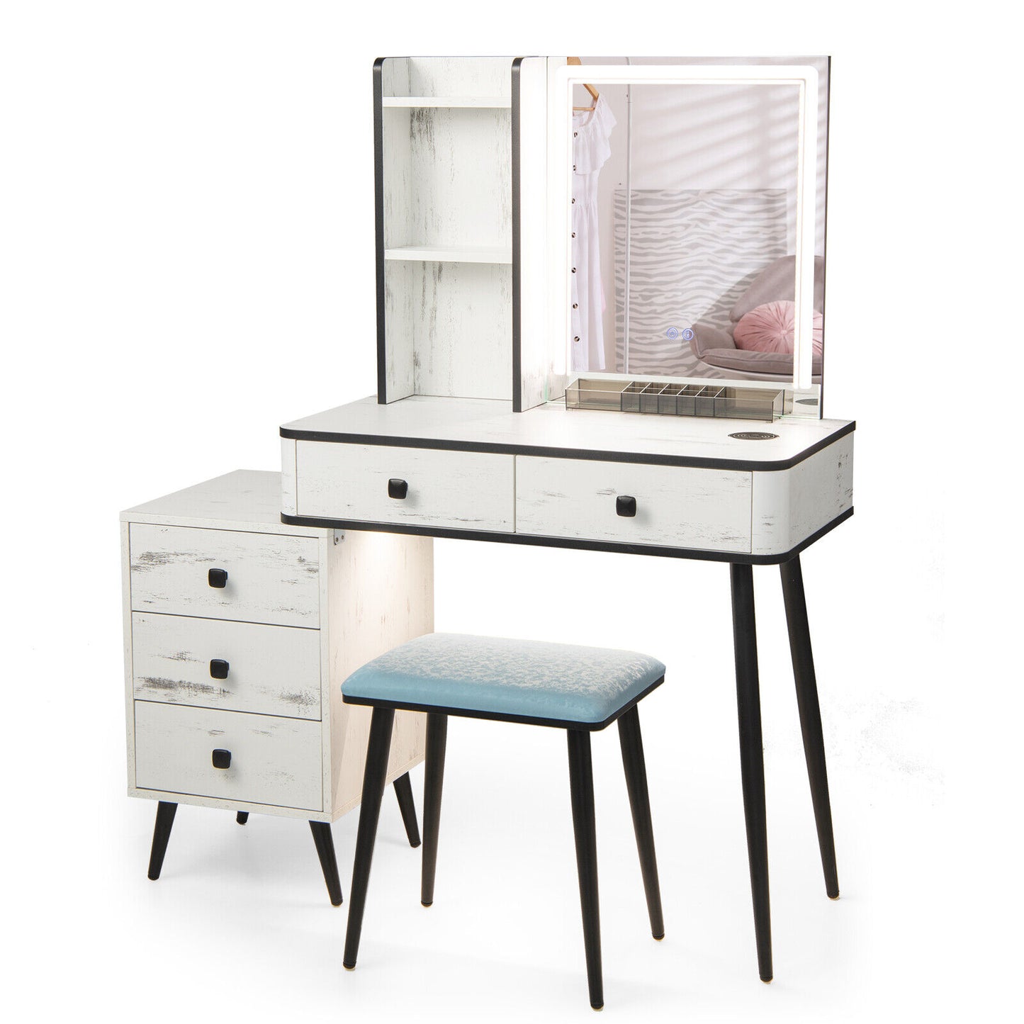 Lighted Vanity Makeup Table Set with Stool and Drawers