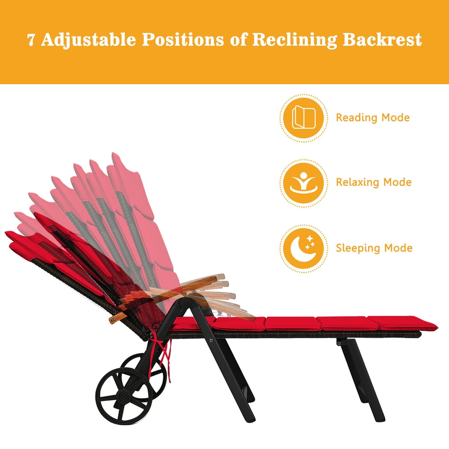 Folding Patio Chaise Lounge Chair with Wheels and Cushion