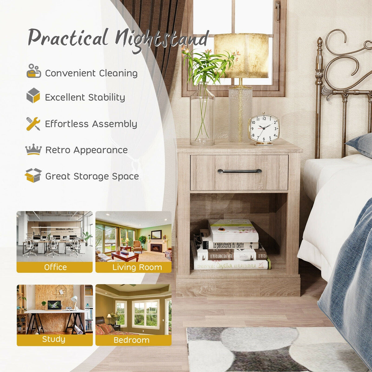 Compact Nightstand with Drawer and Shelf