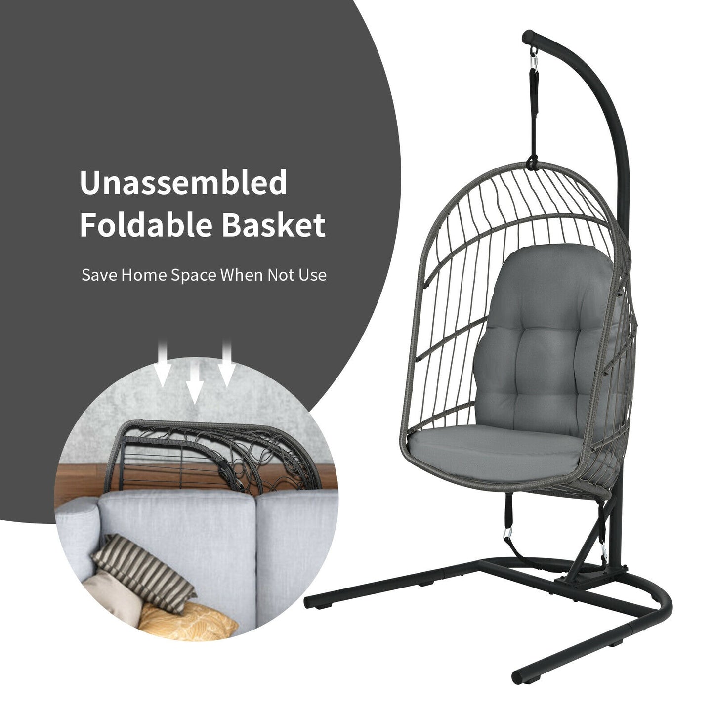 Hanging Egg Chair with Stand and Cushions - Gray