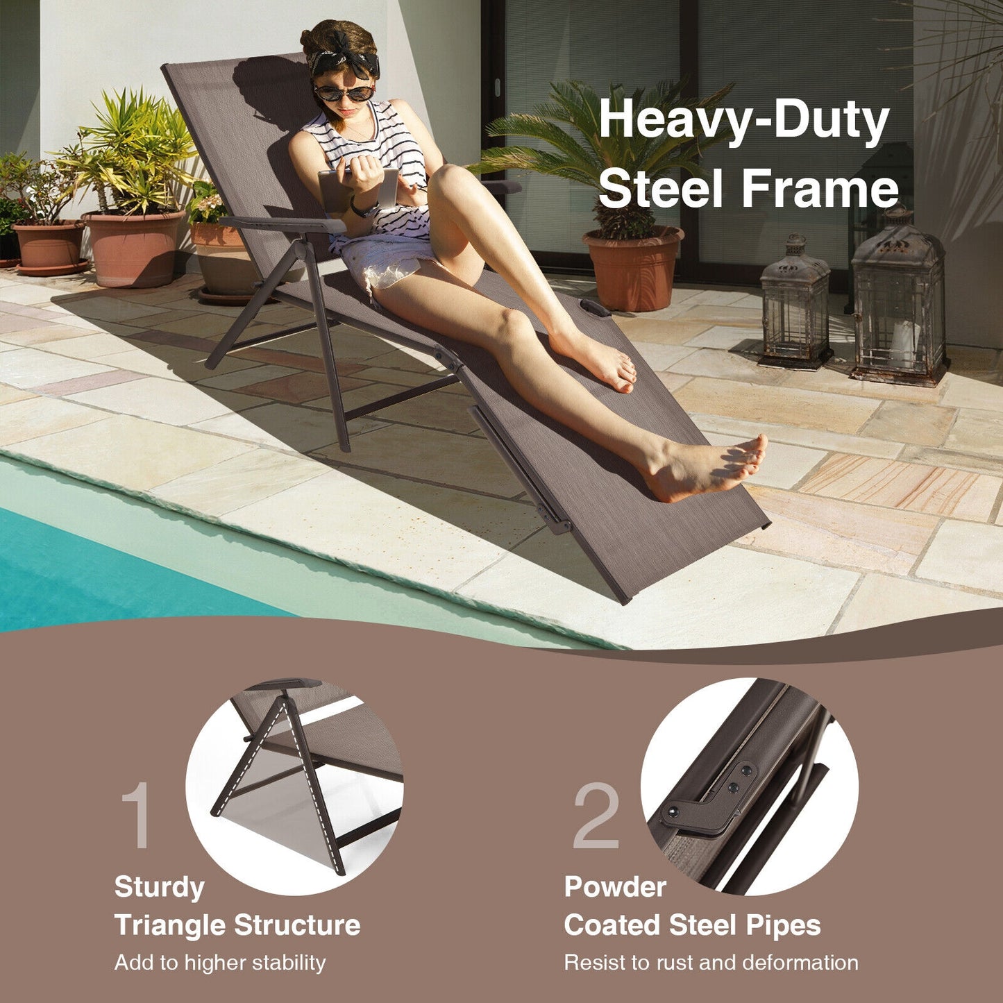Foldable Chaise Lounge Chair with Adjustable Backrest