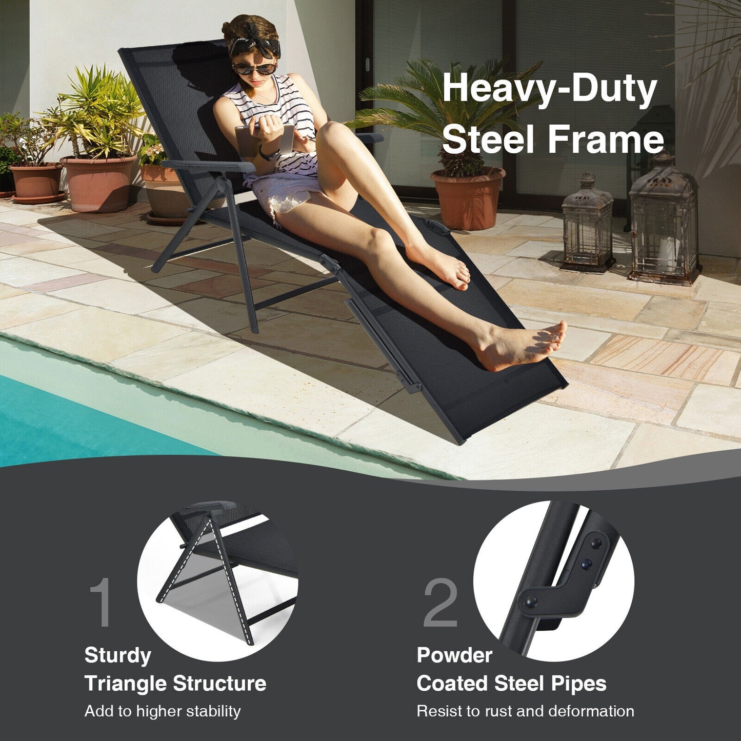 Foldable Chaise Lounge Chair with Adjustable Backrest
