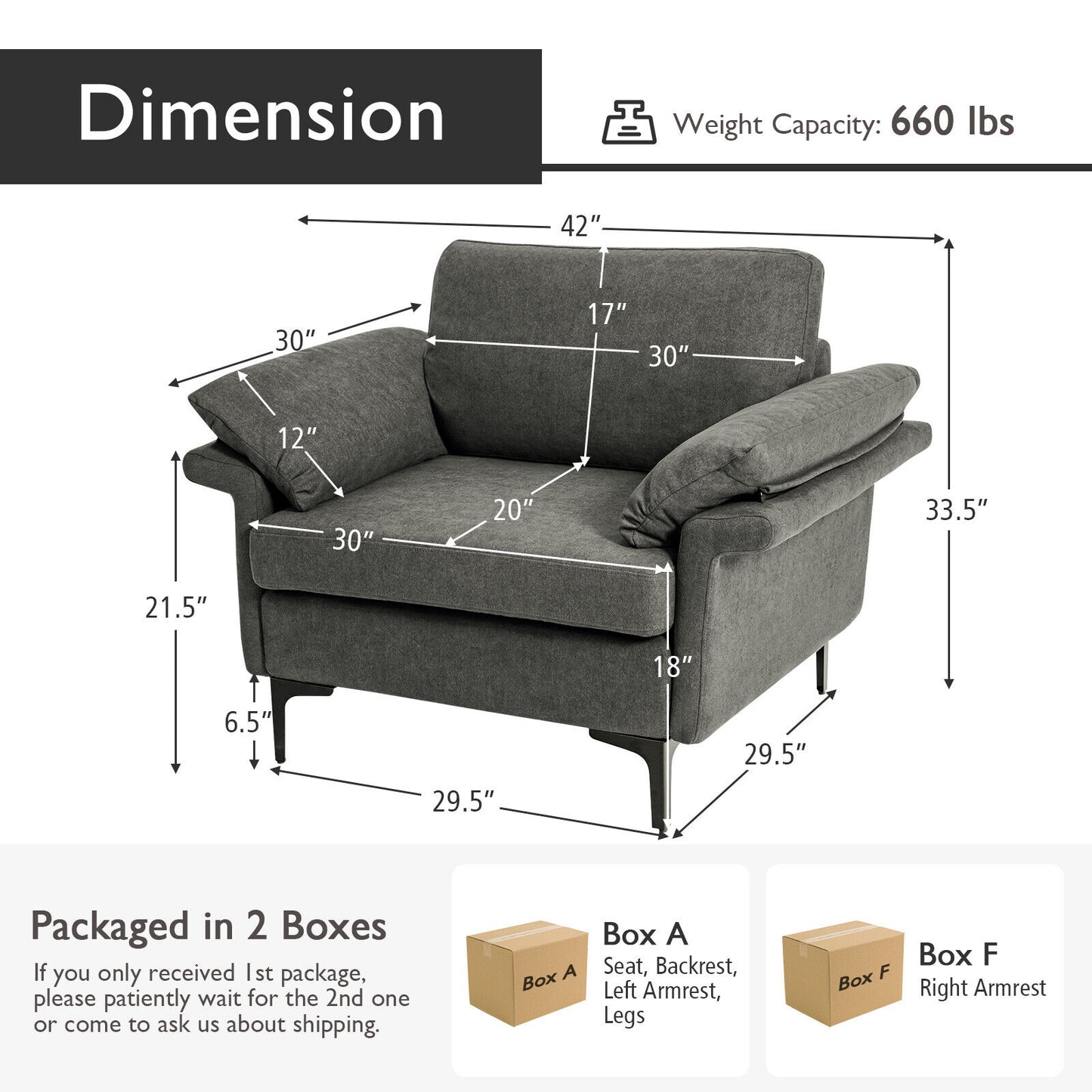 Fabric Accent Armchair with Spring System & Cushions