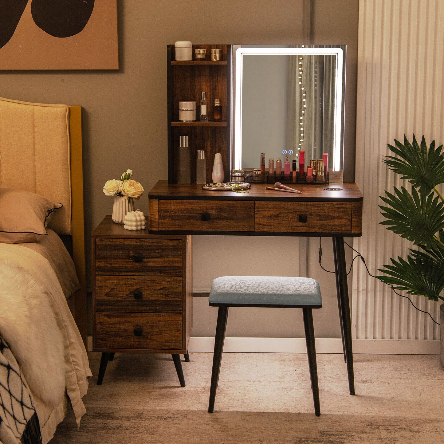 Lighted Vanity Makeup Table Set with Stool and Drawers