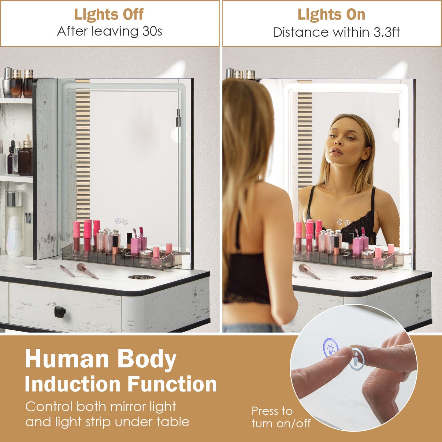 Lighted Vanity Makeup Table Set with Stool and Drawers