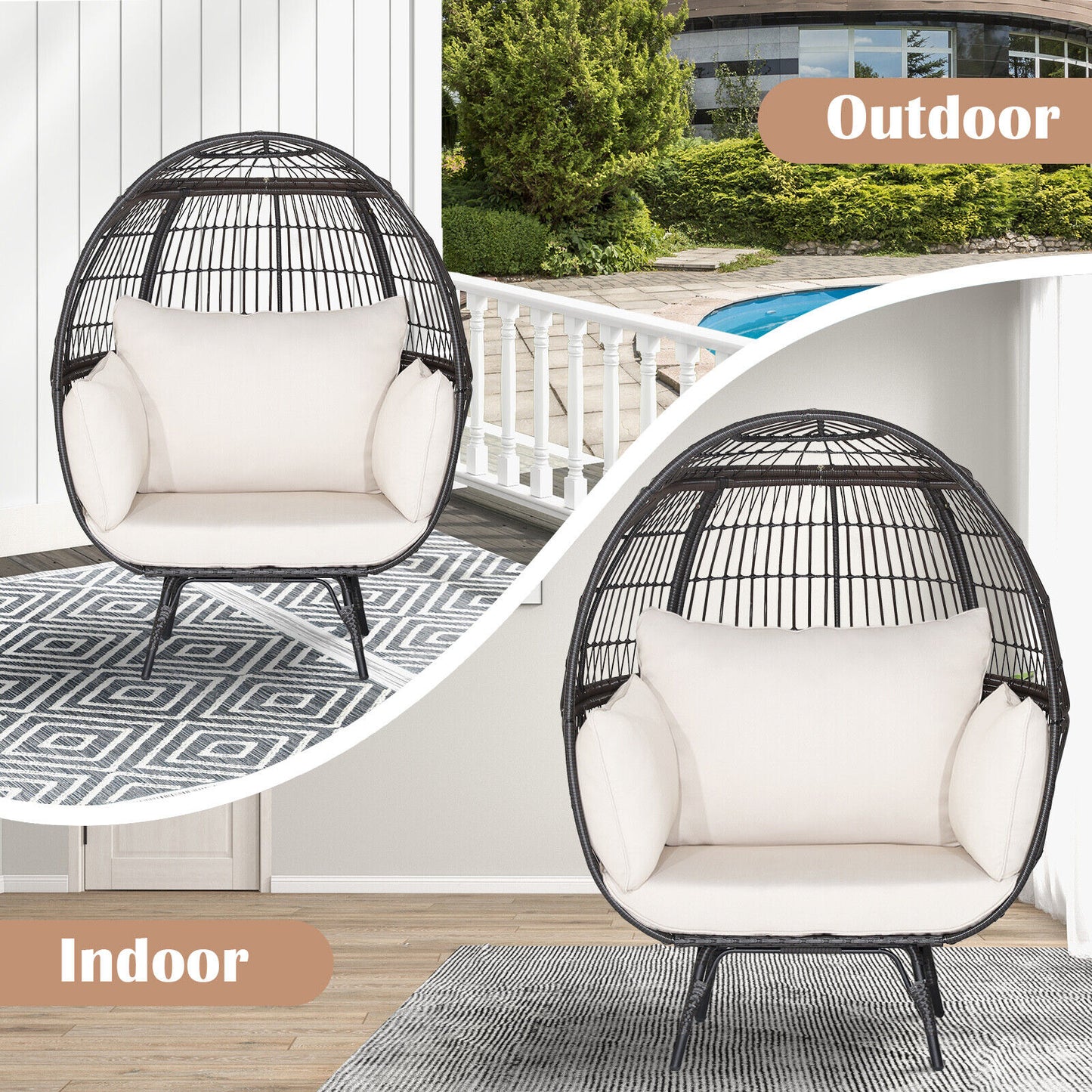 Oversized Rattan Egg Lounge Chair with 4 Cushions