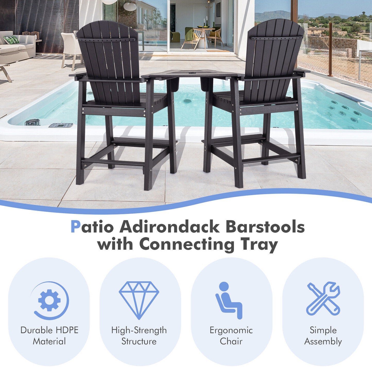 HDPE Tall Adirondack Chair Set with Connecting Tray
