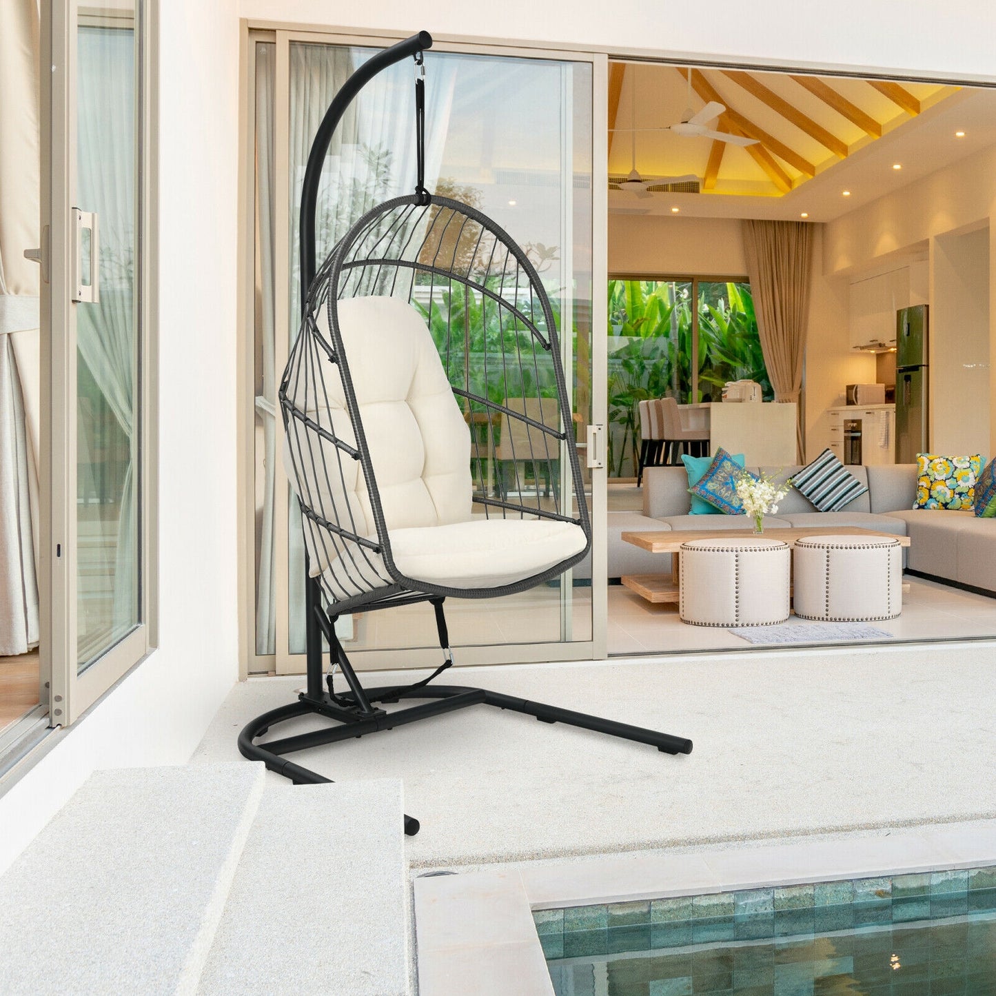 Hanging Egg Chair with Stand and Cushions - Gray