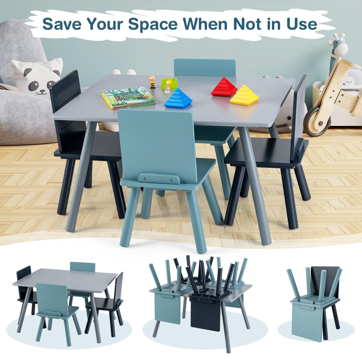Kids Table and Chair Set with Building Blocks - 5 Piece