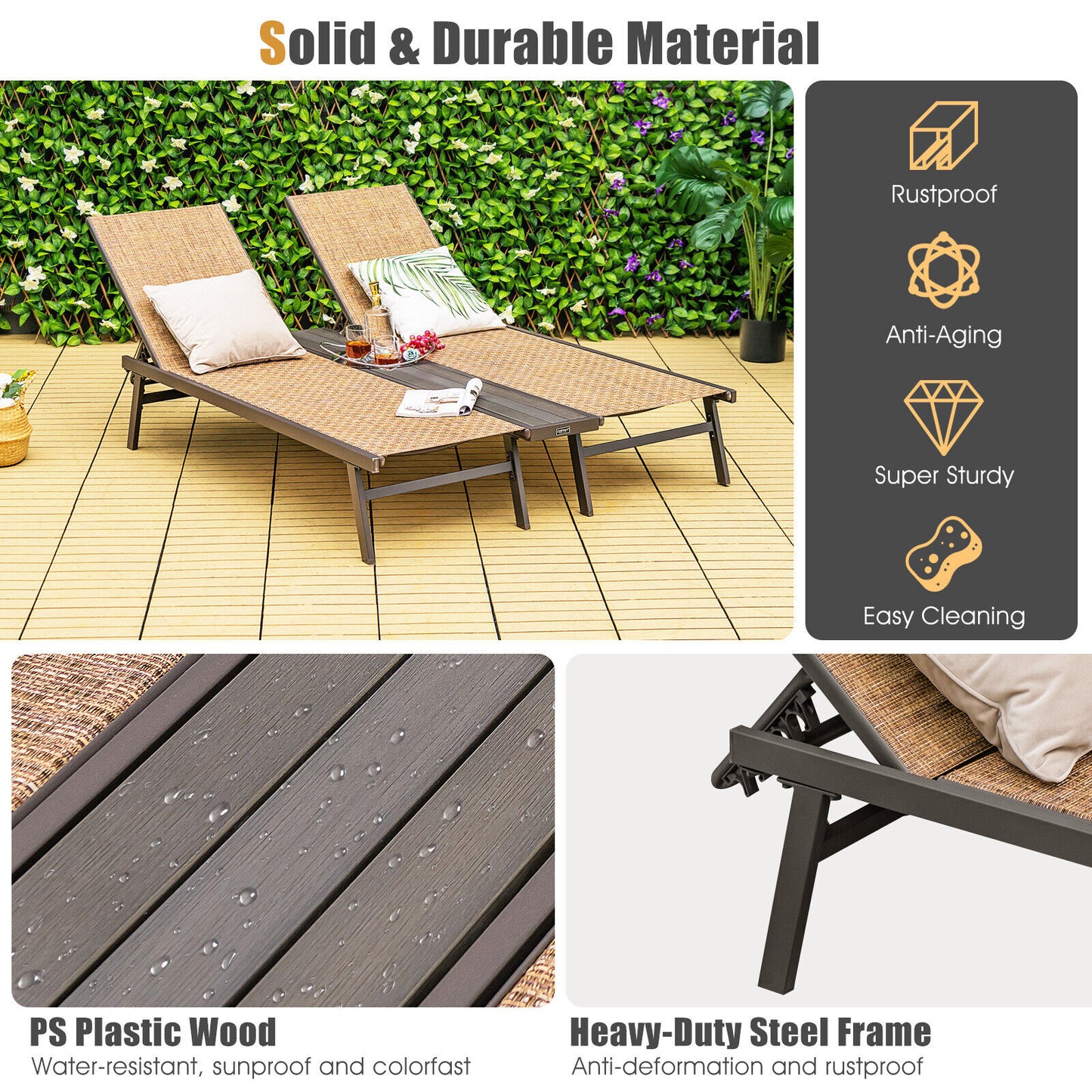 2-Person Patio Chaise Lounge with Adjustable Backrests