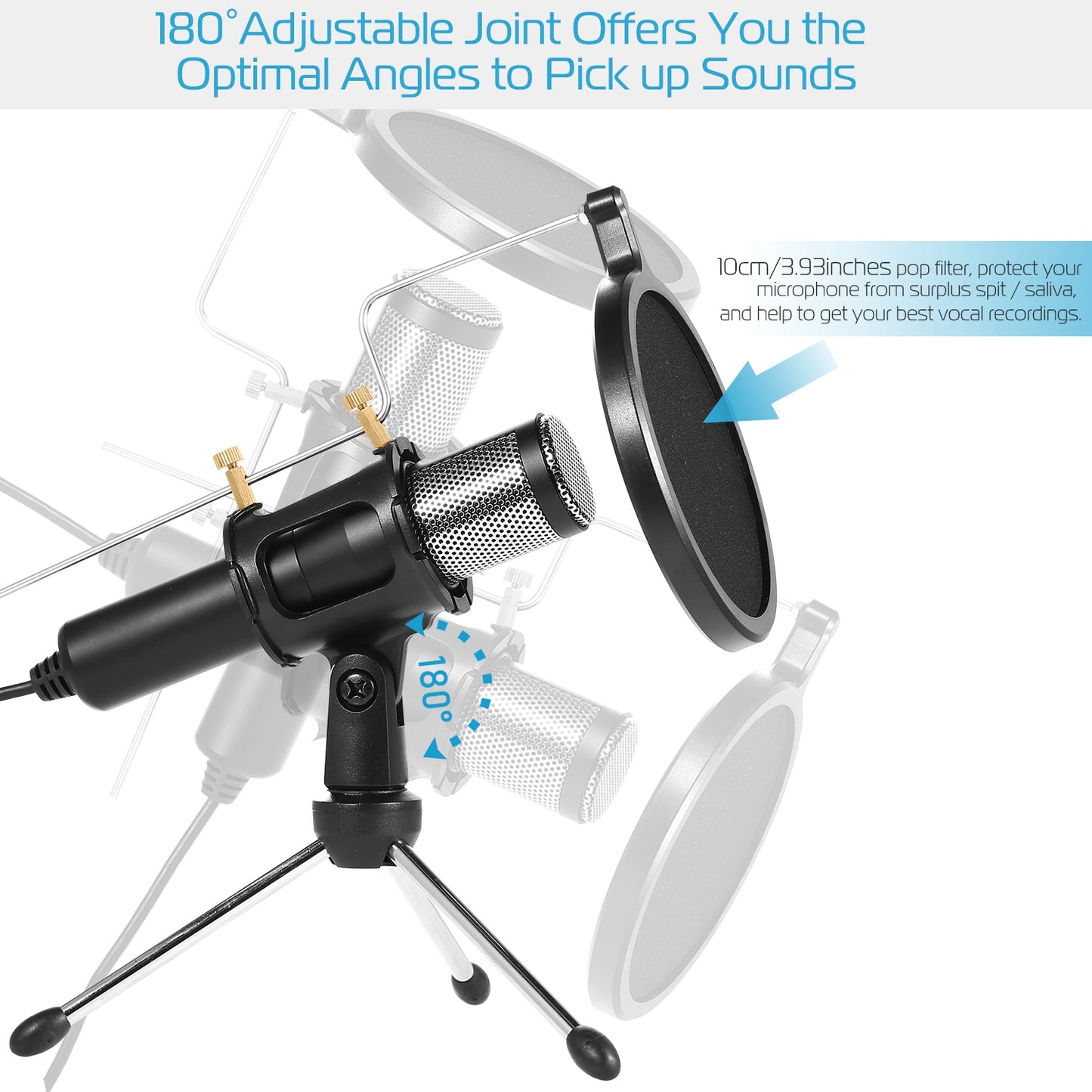 USB Condenser Microphone with Tripod Stand & Pop Filter