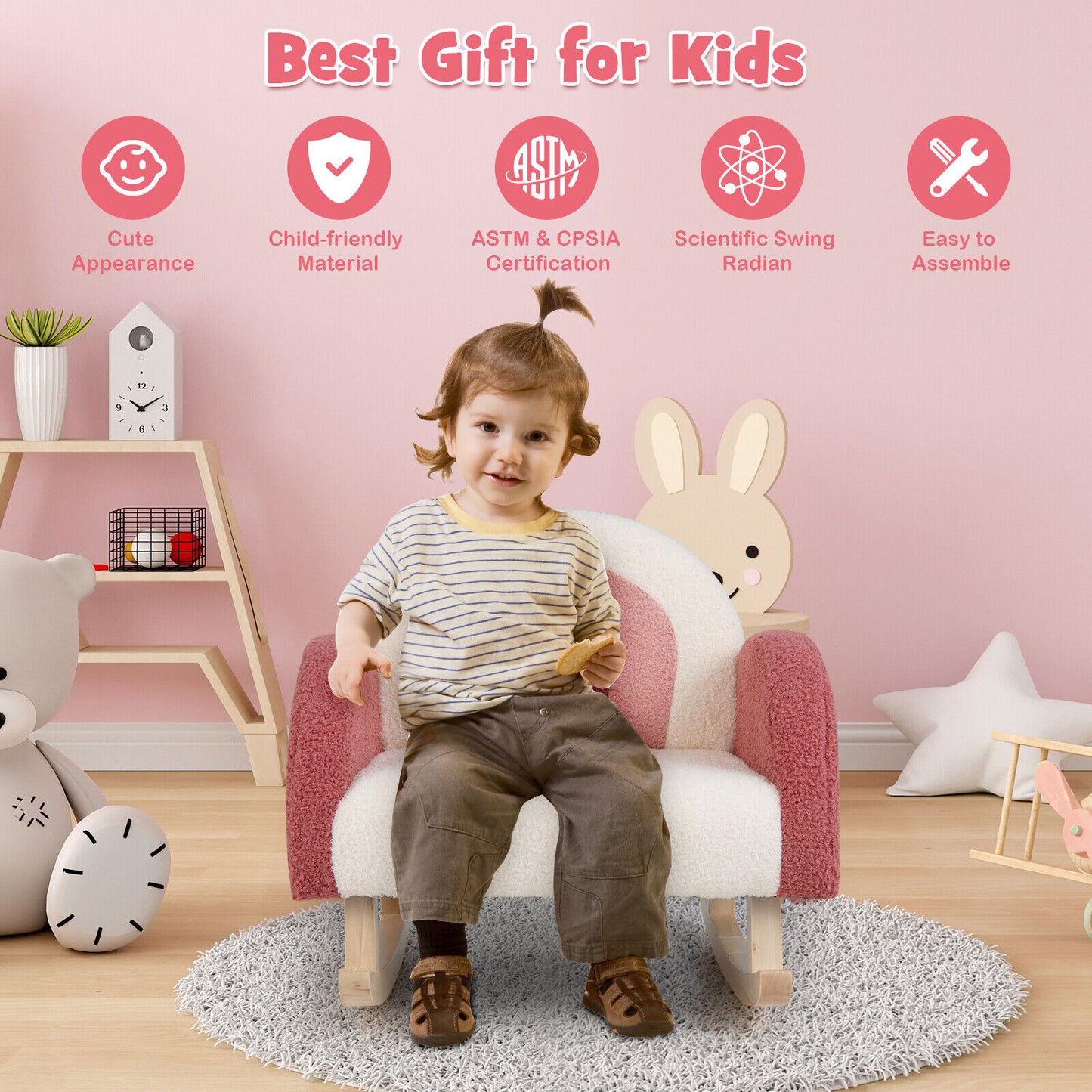Kids Rocking Chair with Velvet Upholstery & Wood Legs