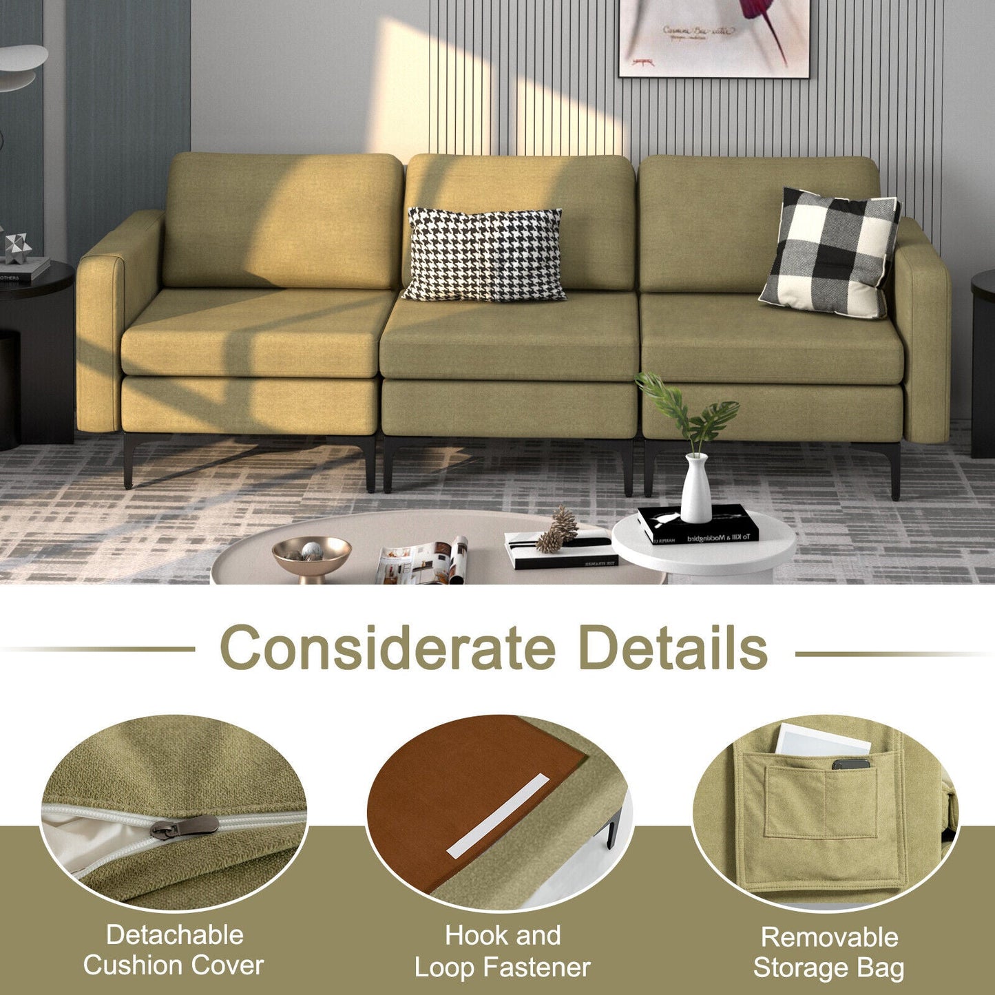 3-Seat Sectional Sofa Couch with Armrest Magazine Pocket and Metal Leg