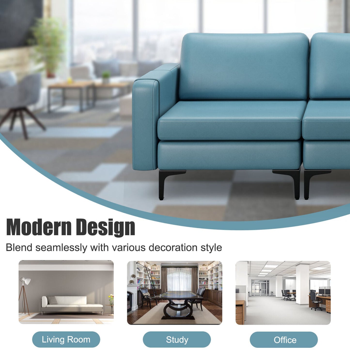 3-Seat Sectional Sofa Couch with Armrest Magazine Pocket and Metal Leg