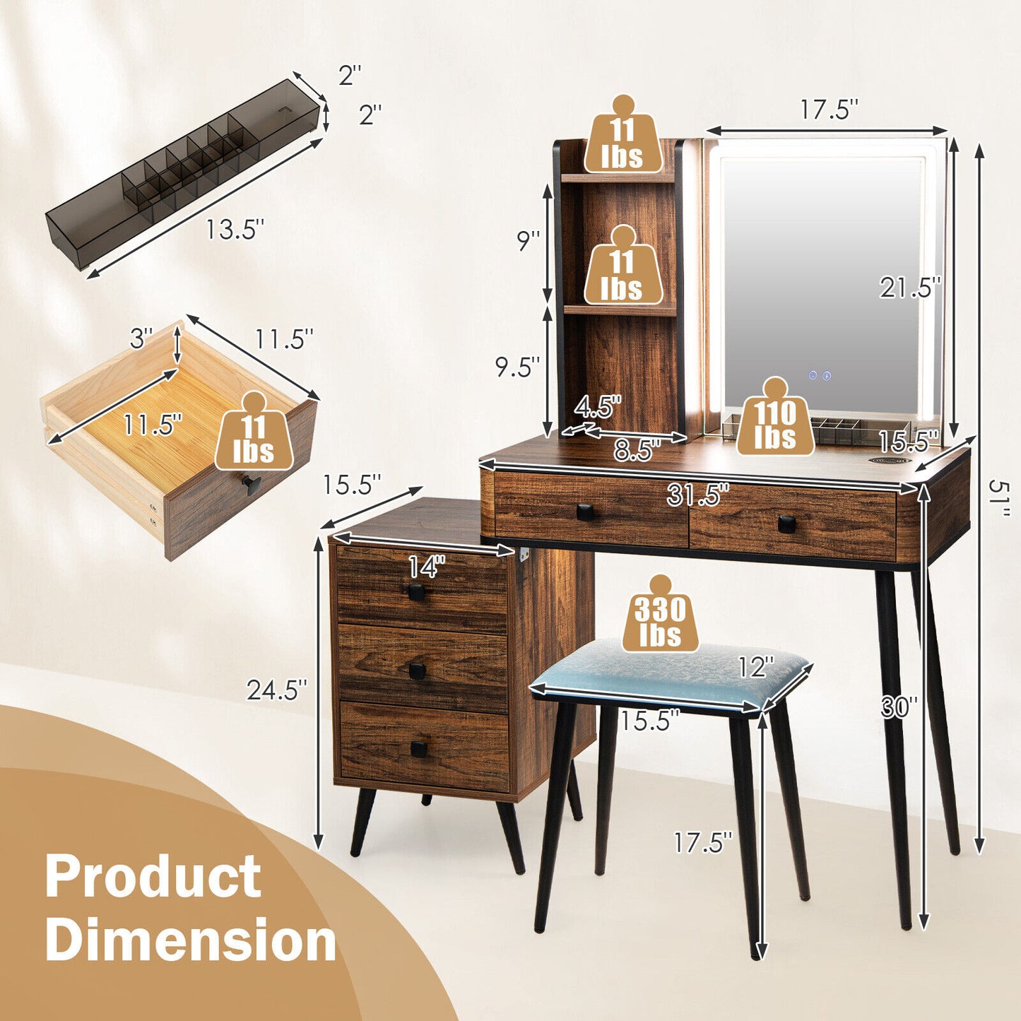 Lighted Vanity Makeup Table Set with Stool and Drawers