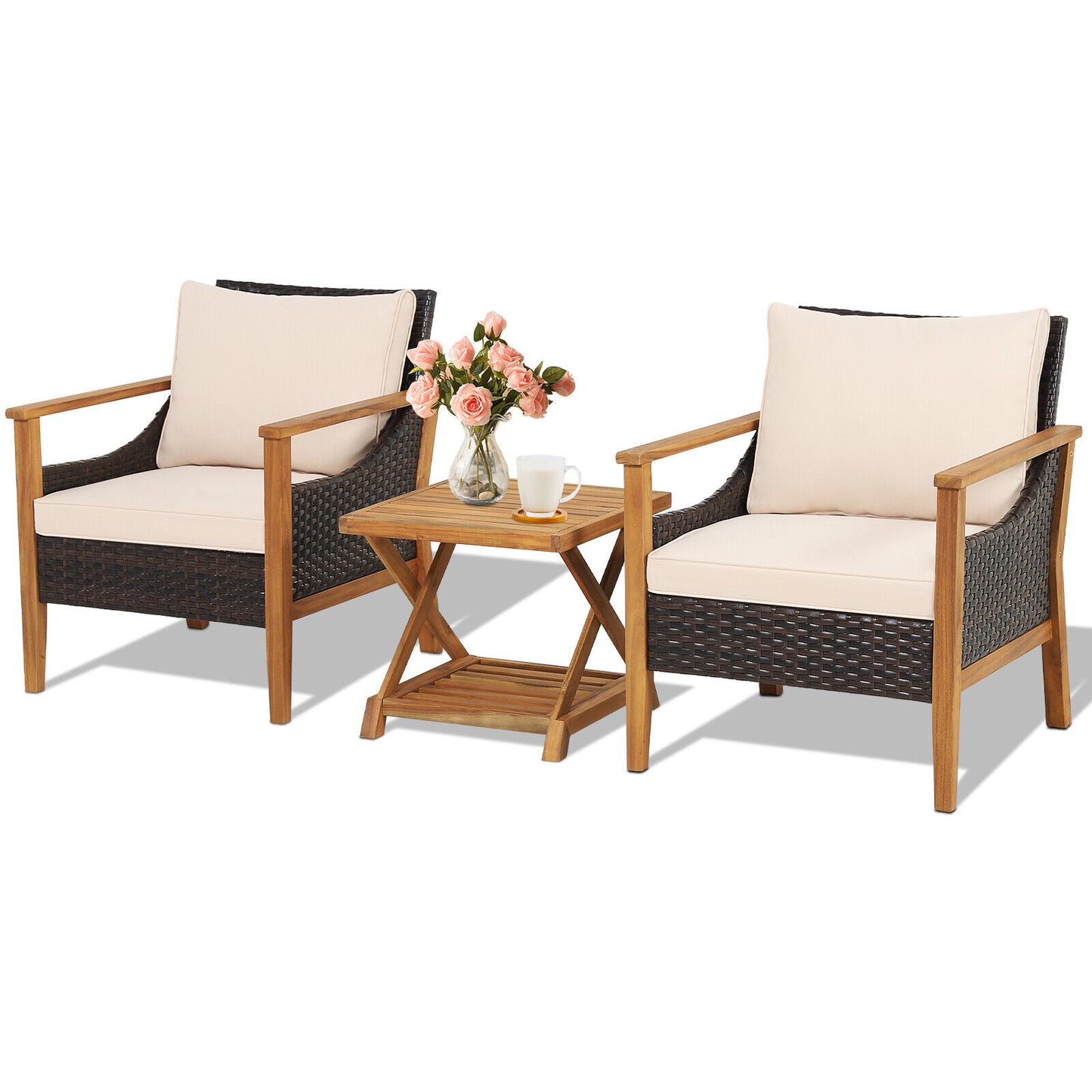 3-Piece Patio Conversation Set with Wicker Chairs & Side Table