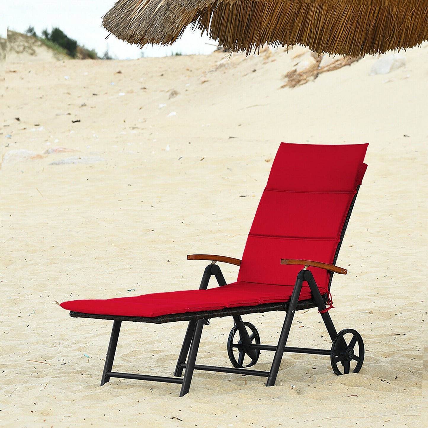 Folding Patio Chaise Lounge Chair with Wheels and Cushion