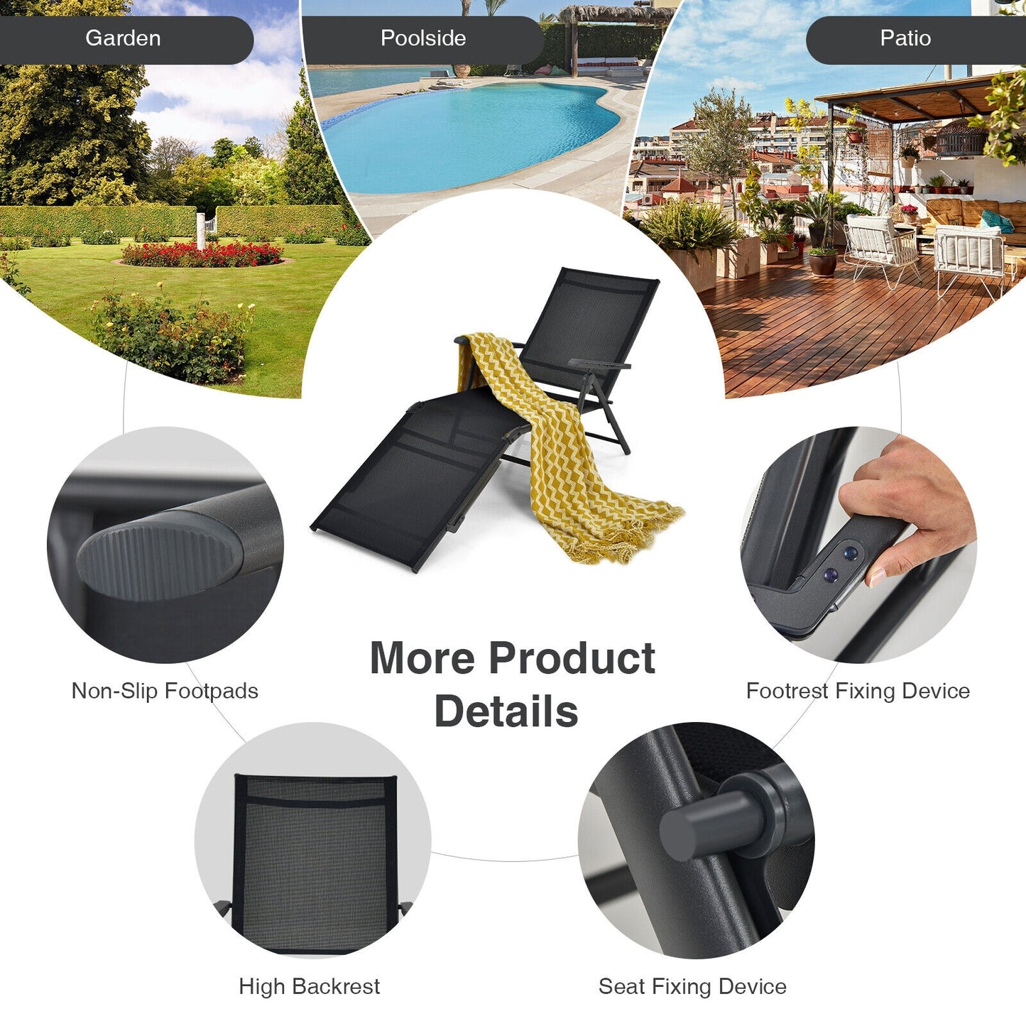 Foldable Chaise Lounge Chair with Adjustable Backrest