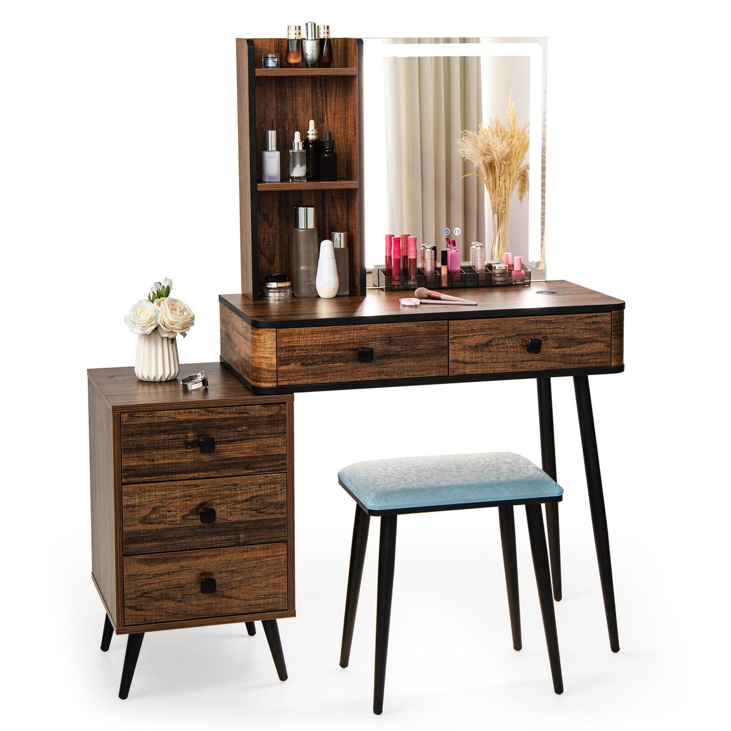 Lighted Vanity Makeup Table Set with Stool and Drawers