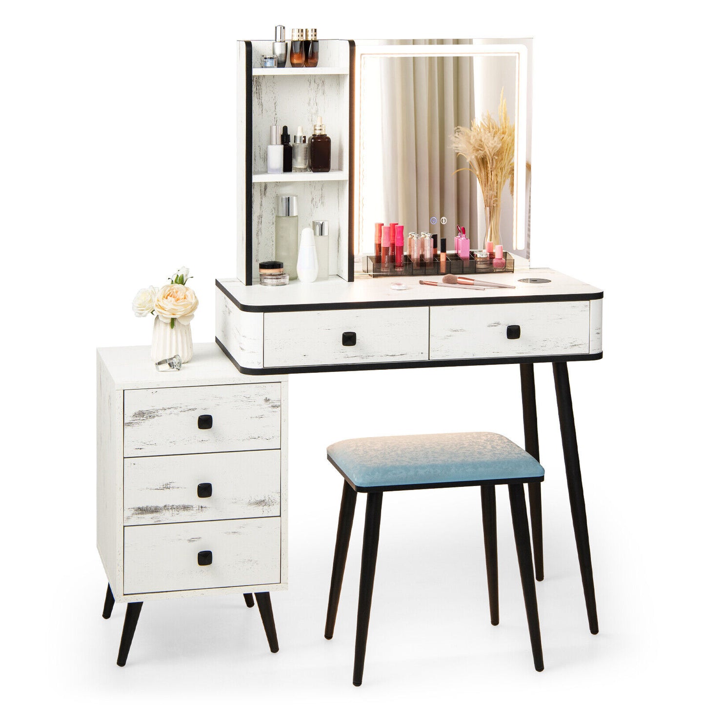 Lighted Vanity Makeup Table Set with Stool and Drawers