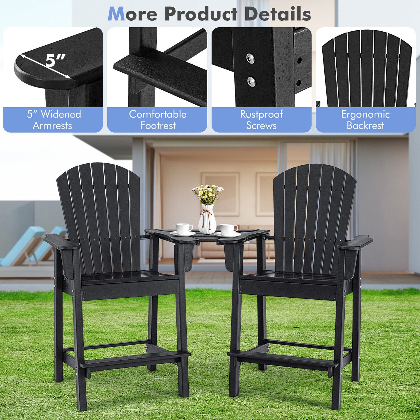 HDPE Tall Adirondack Chair Set with Connecting Tray