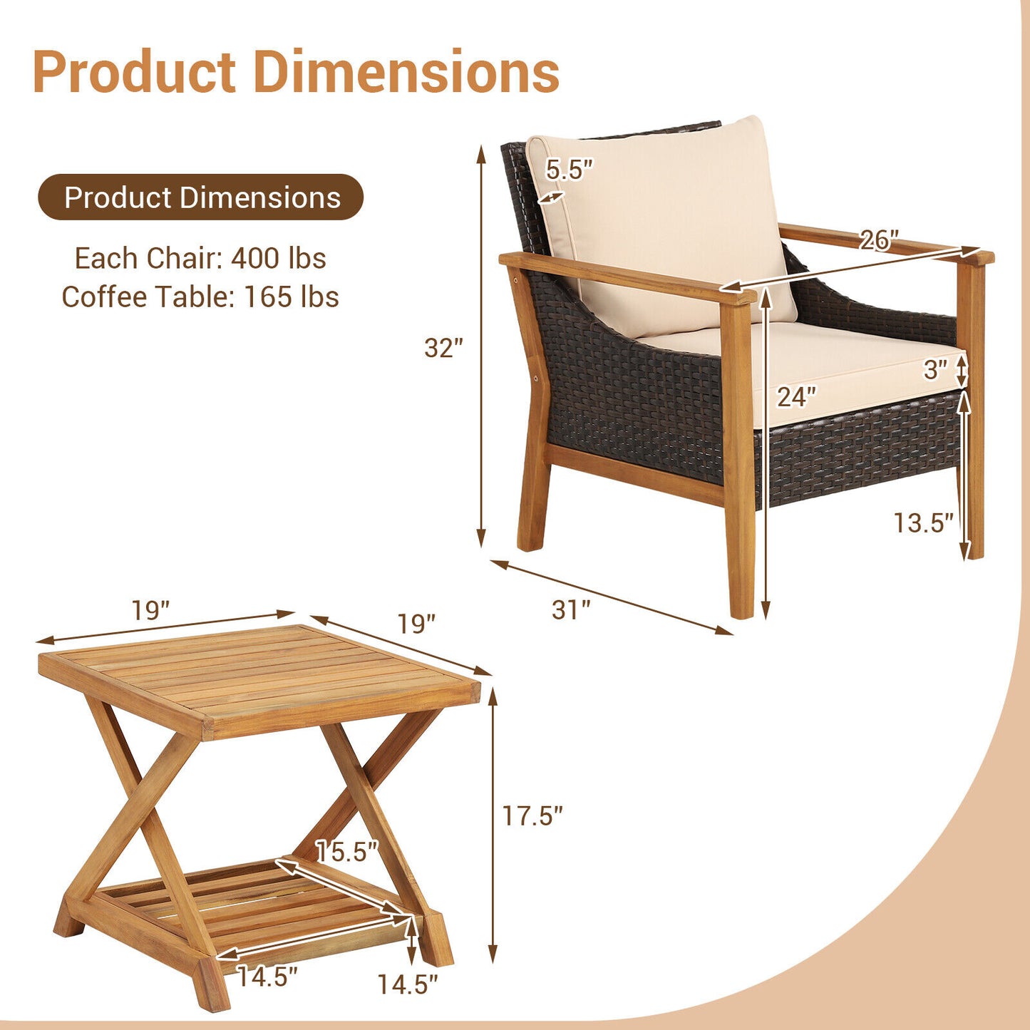 3-Piece Patio Conversation Set with Wicker Chairs & Side Table