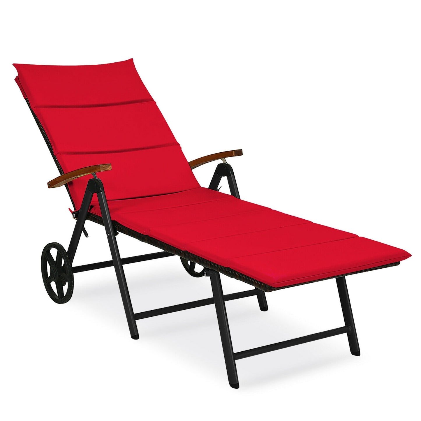 Folding Patio Chaise Lounge Chair with Wheels and Cushion