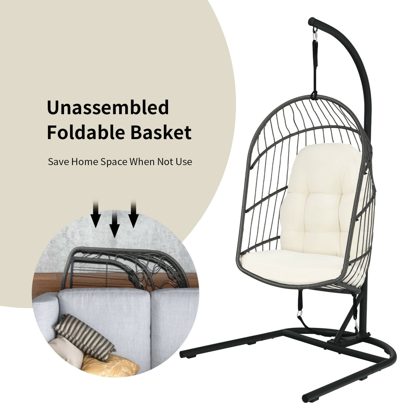 Hanging Egg Chair with Stand and Cushions - Gray