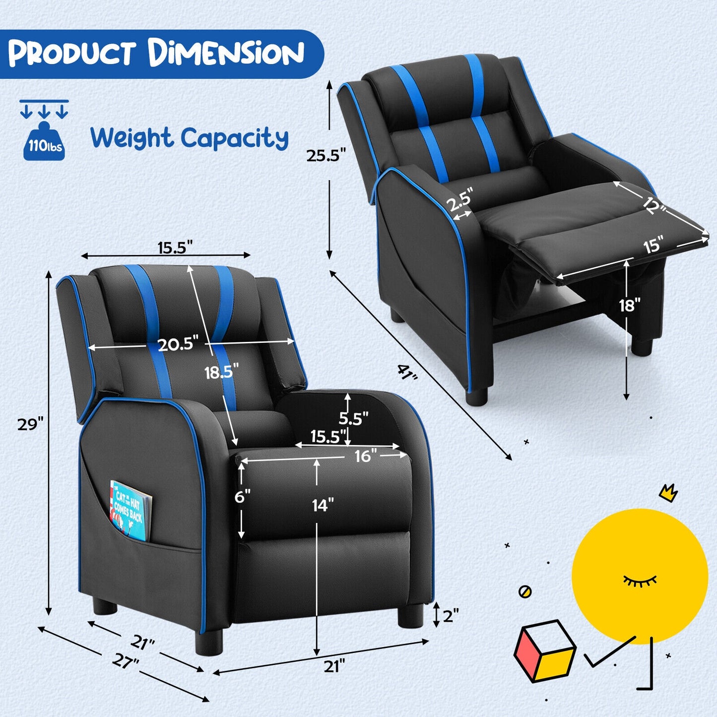 Kids Recliner Chair with Footrest and Side Pockets