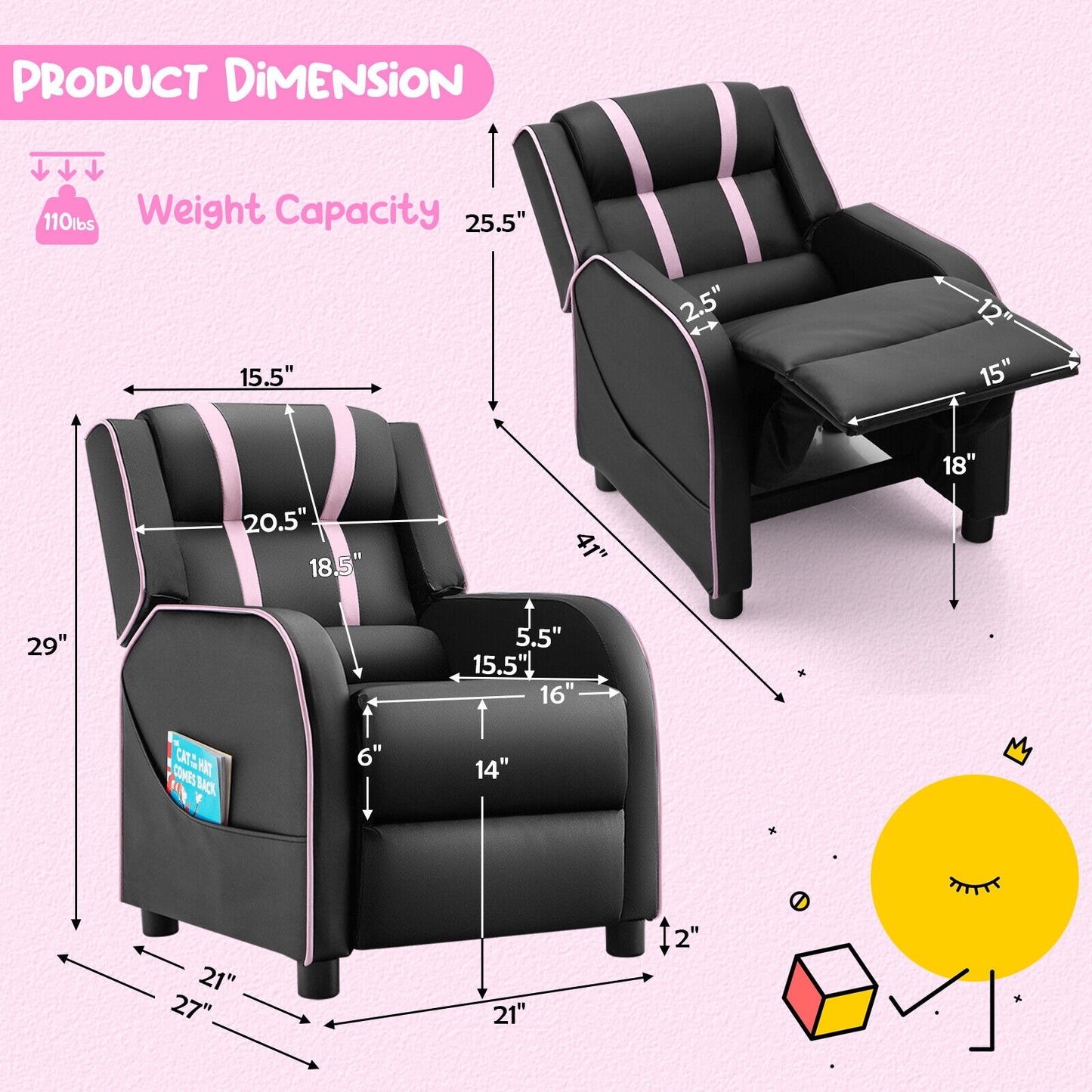 Kids Recliner Chair with Footrest and Side Pockets