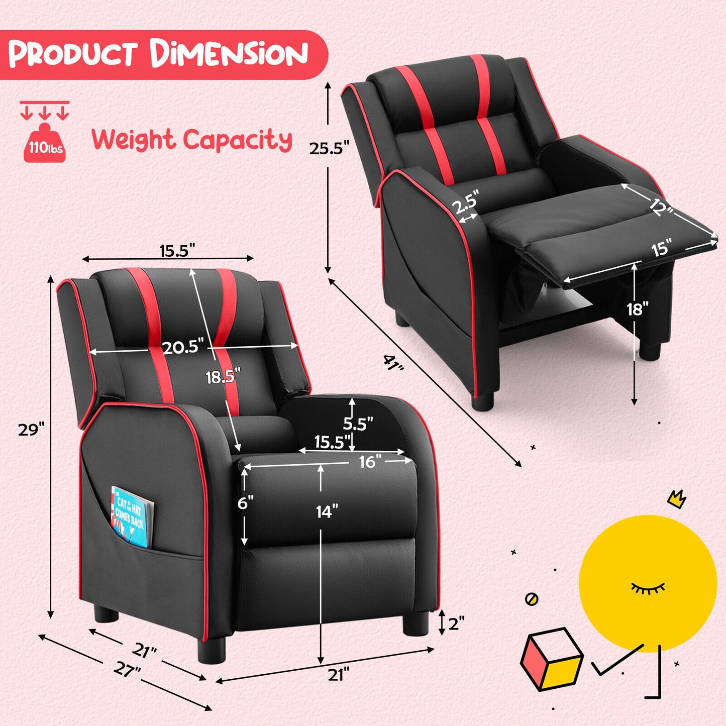 Kids Recliner Chair with Footrest and Side Pockets