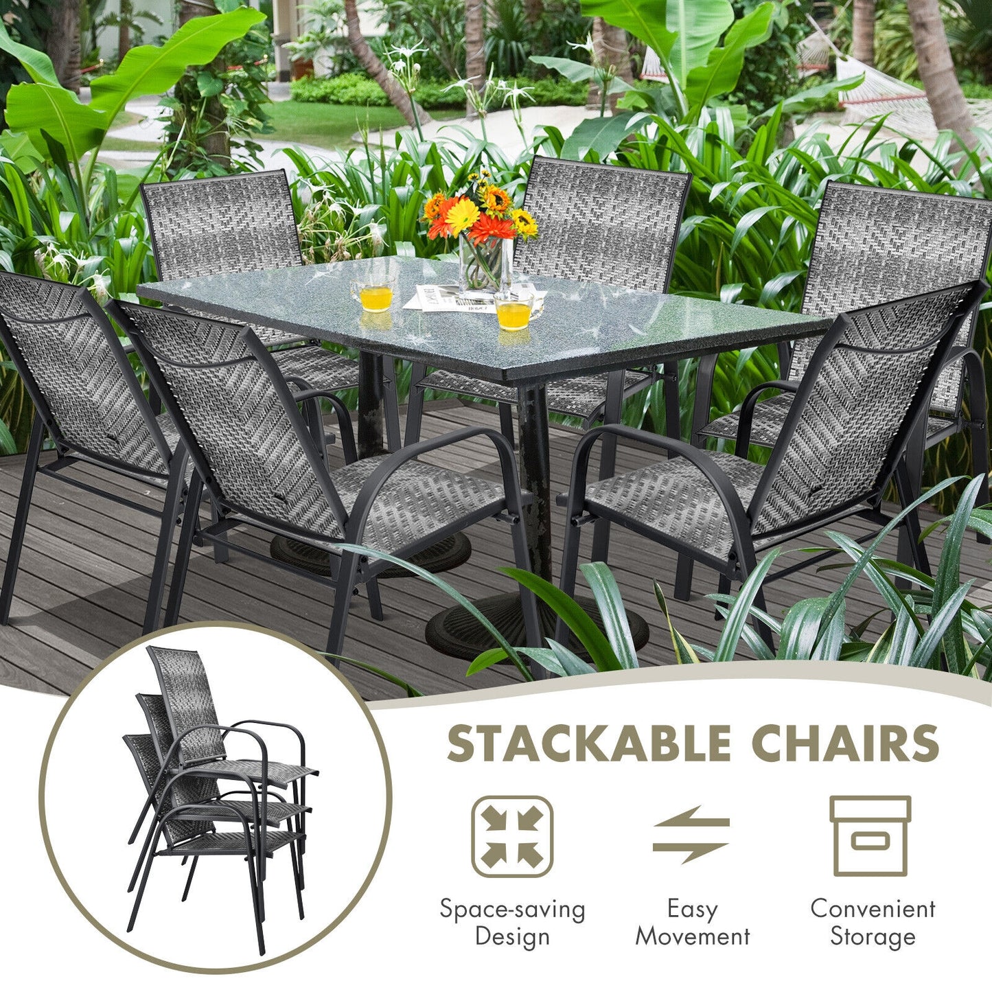 Stackable Outdoor Dining Chairs Set of 6 - PE Wicker
