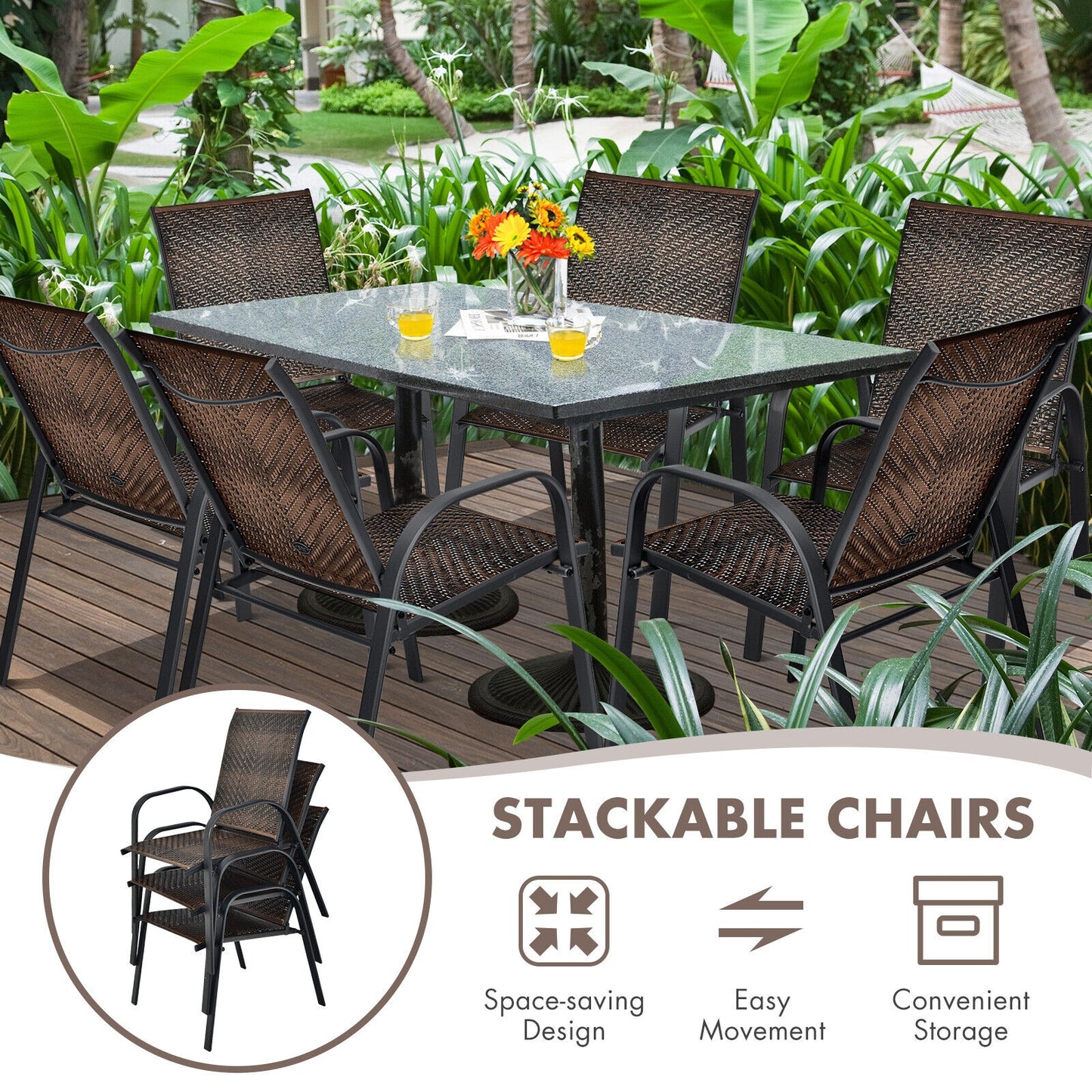 Stackable Outdoor Dining Chairs Set of 6 - PE Wicker