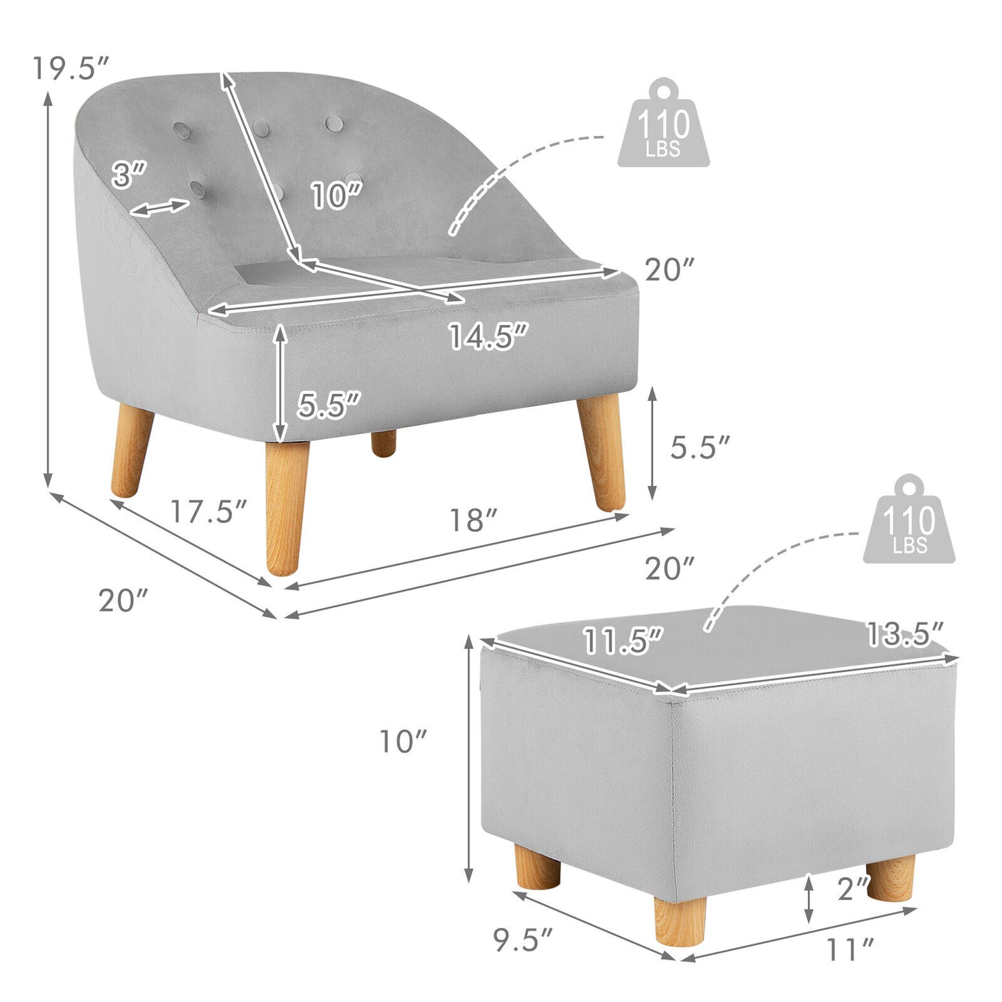 Kids Velvet Sofa Chair with Ottoman - Gray