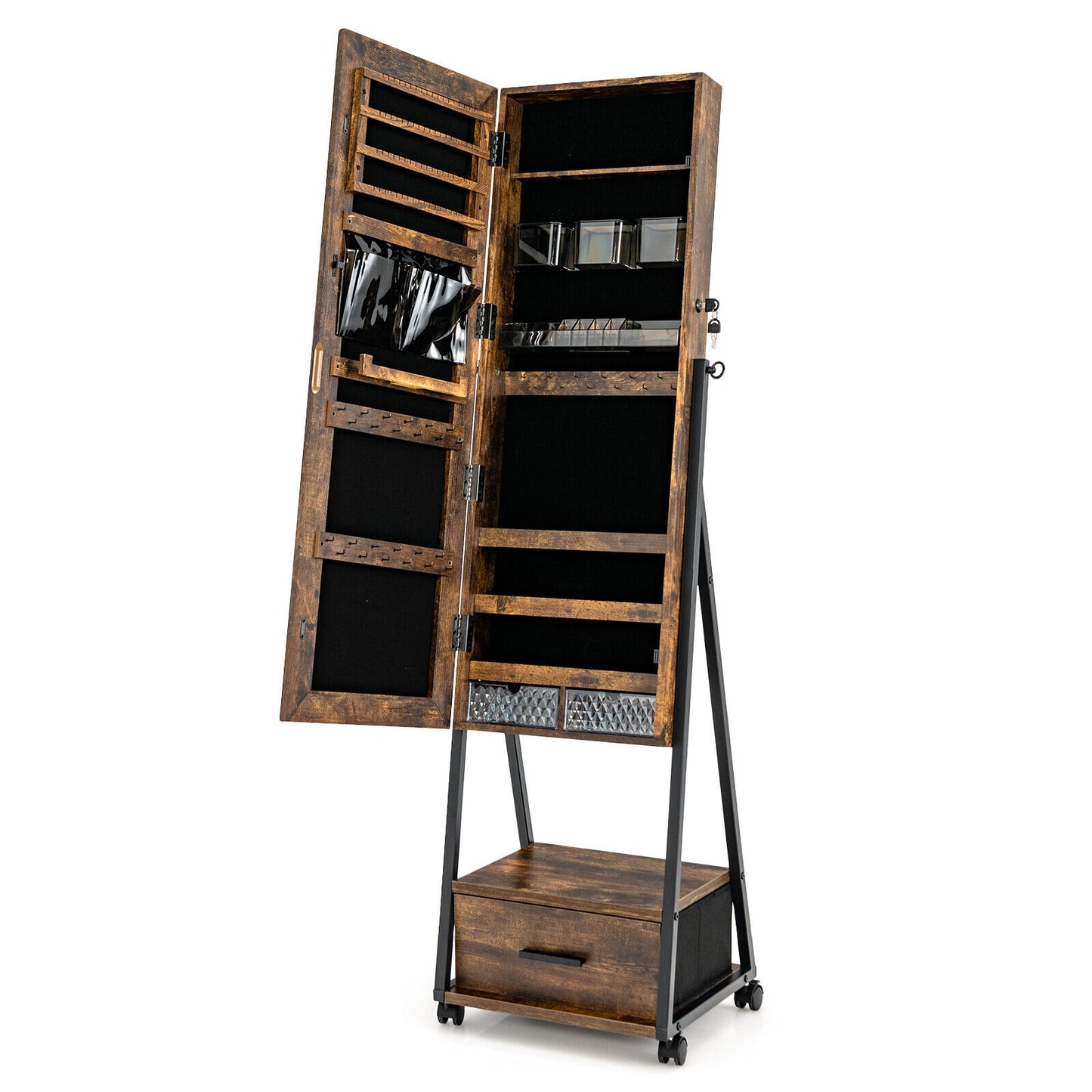 Jewelry Cabinet with Full Length Mirror and Storage Drawer