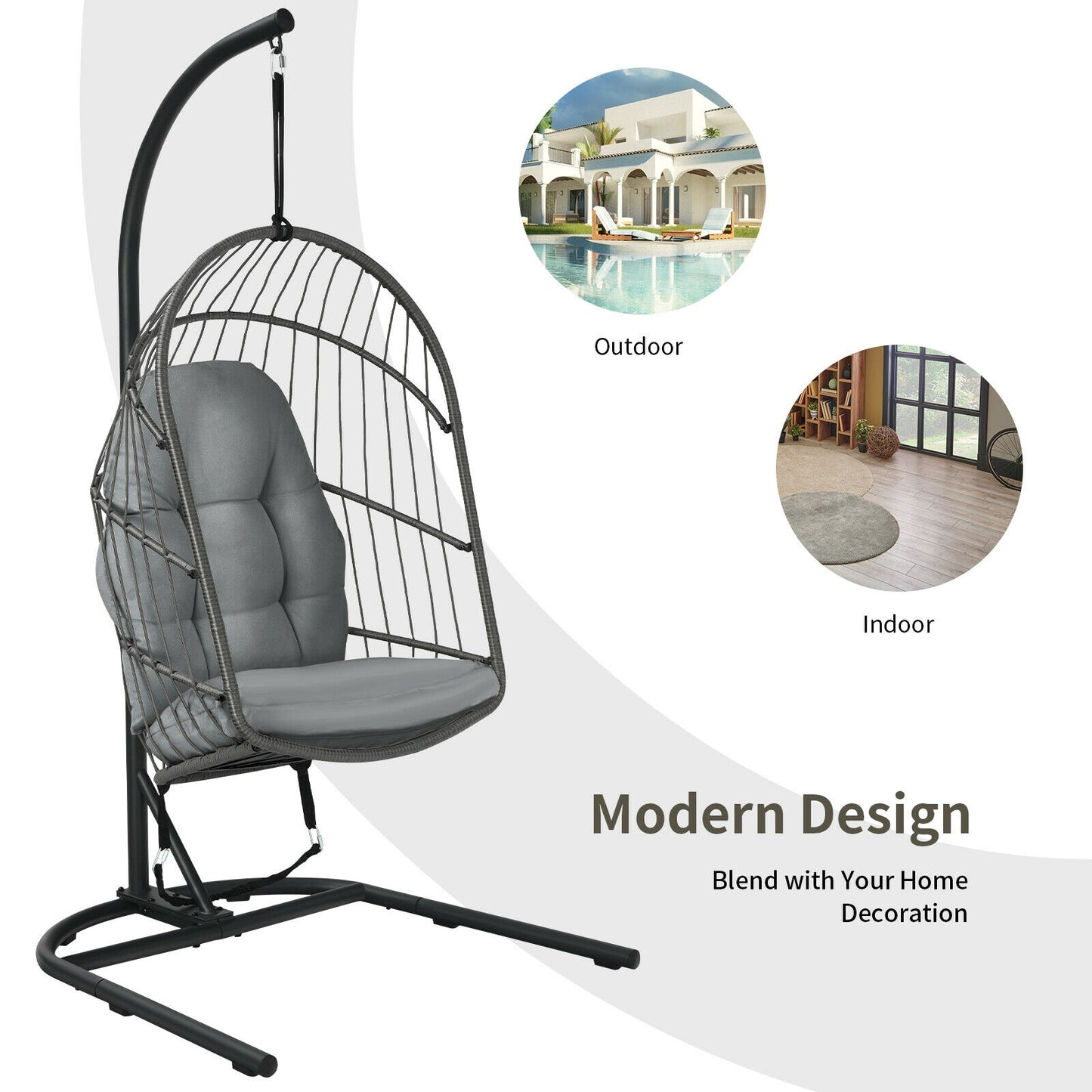 Hanging Egg Chair with Stand and Cushions - Gray