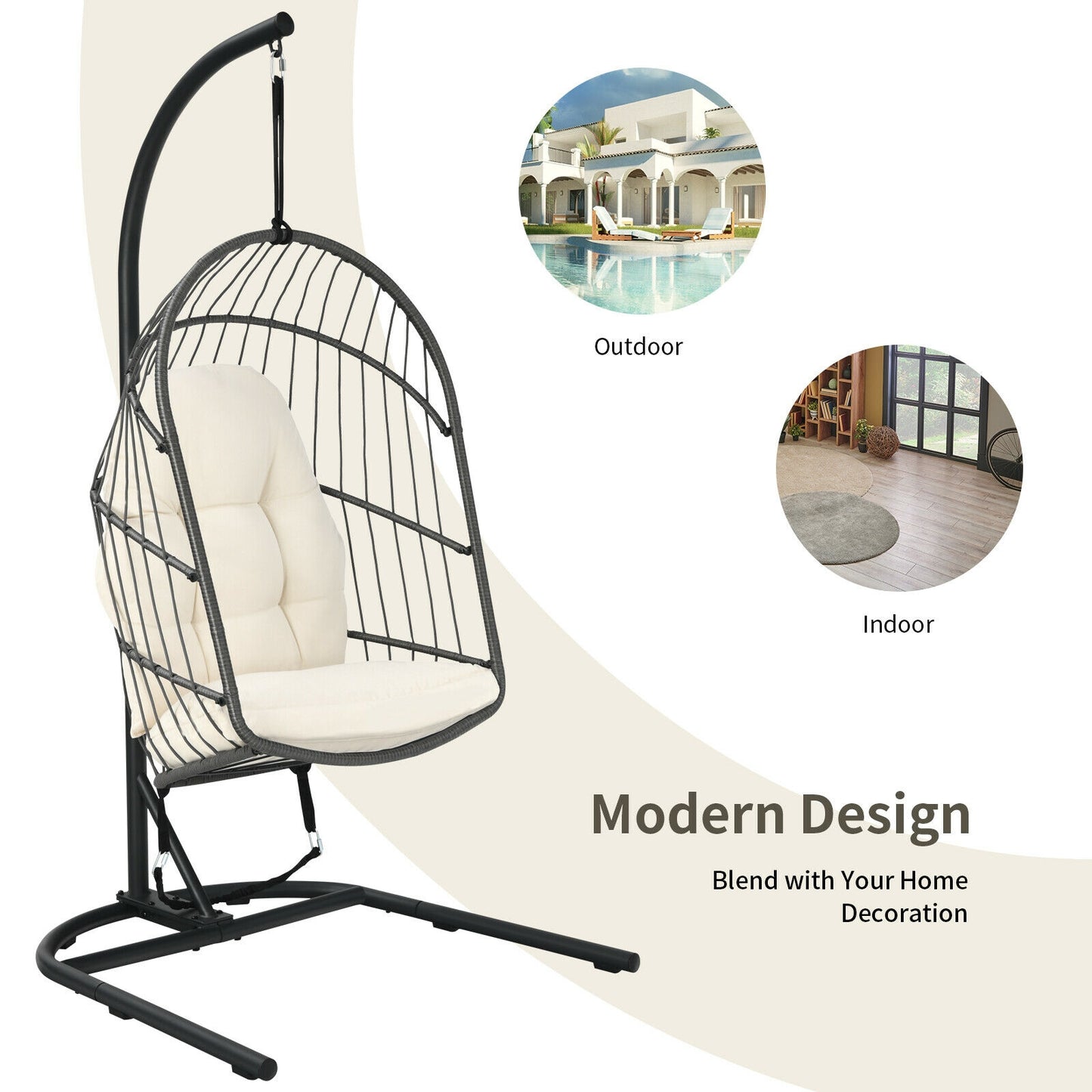Hanging Egg Chair with Stand and Cushions - Gray