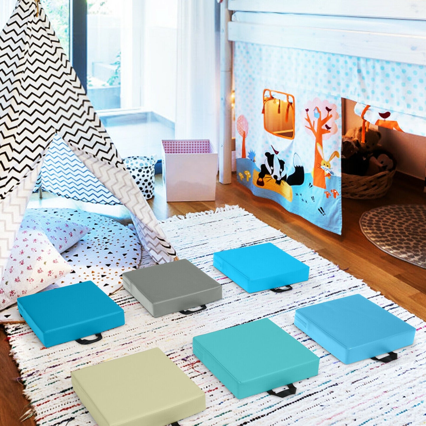 Square Toddler Floor Cushions 15" - Set of 6 with Handles
