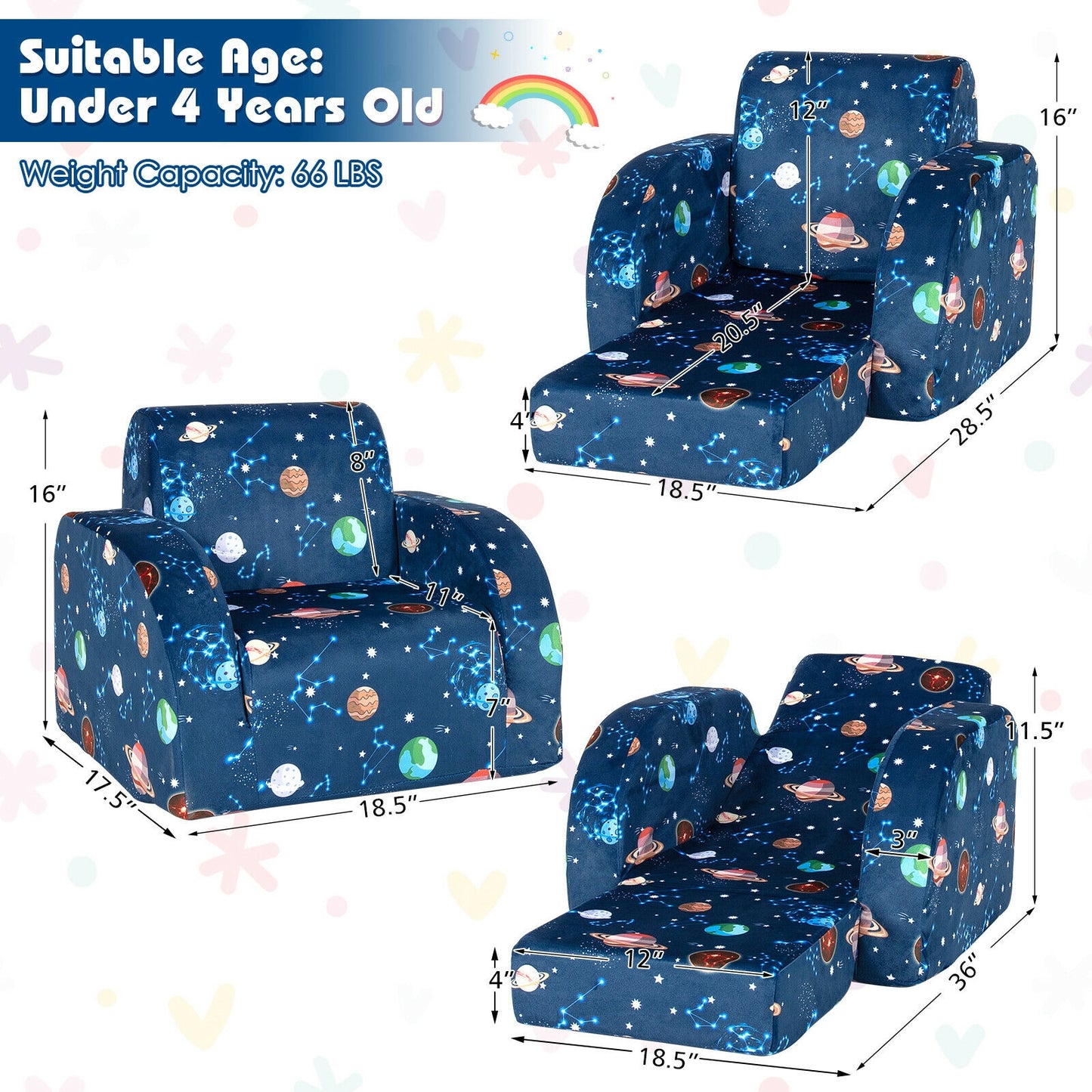 Kids Convertible Sofa Bed 3-in-1 Flip-Out Chair Lounger